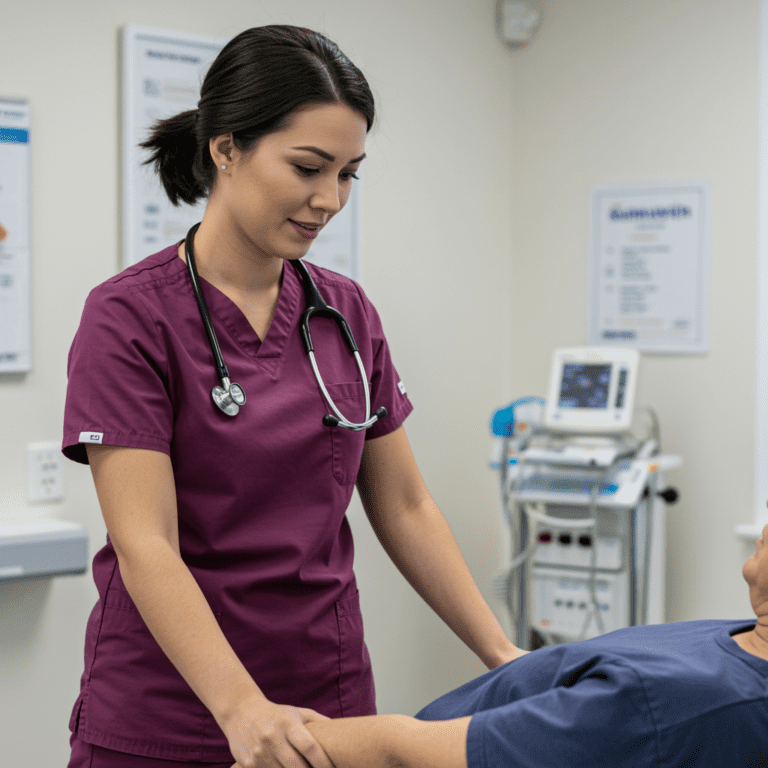 Auxiliar de enfermería ayudando a un paciente a moverse en una clínica, mostrando cuidado y profesionalidad.