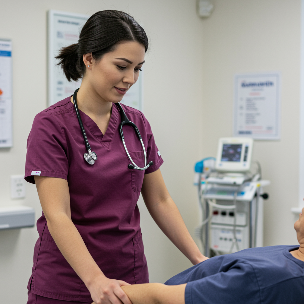 Auxiliar de enfermería ayudando a un paciente a moverse en una clínica, mostrando cuidado y profesionalidad.