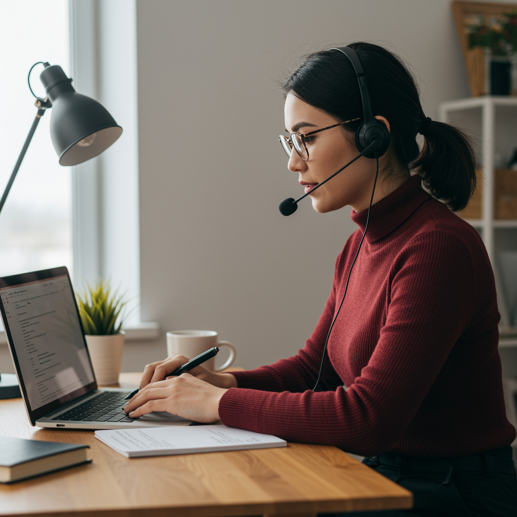 Formador online impartiendo clase virtual desde casa con portátil, auriculares y material educativo.