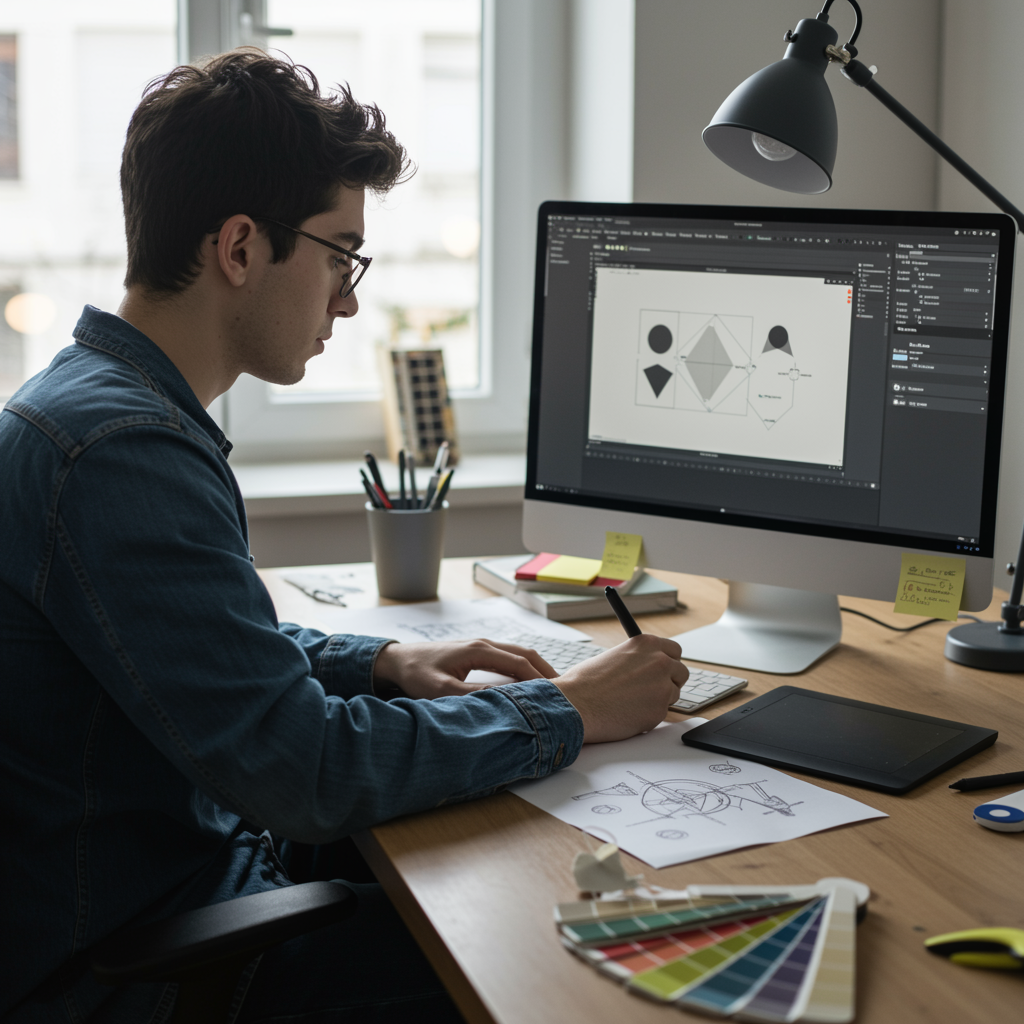 Diseñador gráfico creando un logotipo en Illustrator con herramientas de trabajo físico en su escritorio.