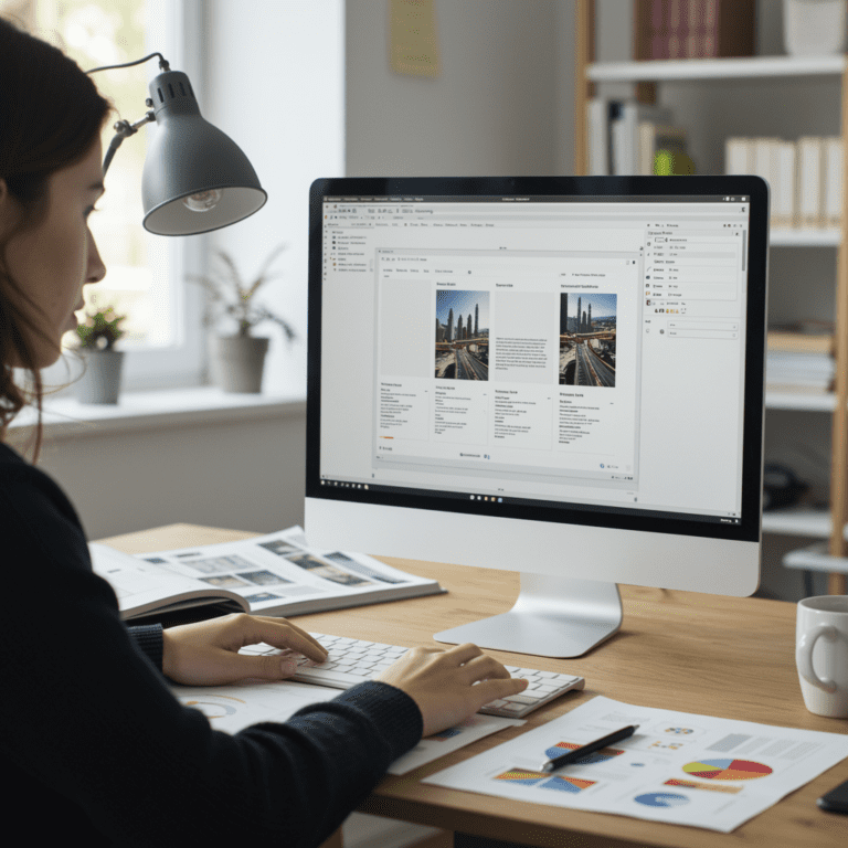 Diseñador trabajando en una maqueta editorial en InDesign, con borradores y tipografías sobre la mesa.