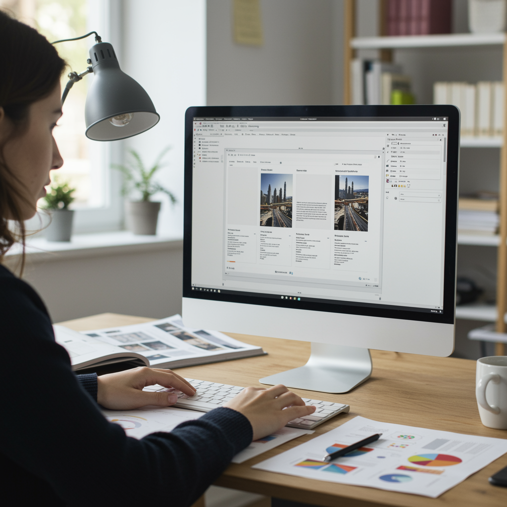Diseñador trabajando en una maqueta editorial en InDesign, con borradores y tipografías sobre la mesa.