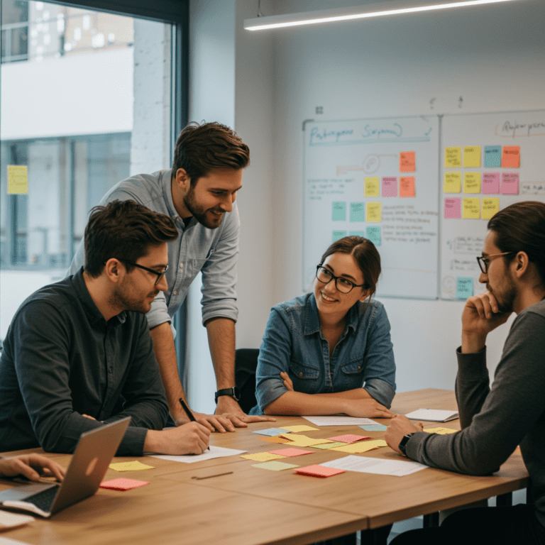 Equipo trabajando con metodología Scrum en gestión ágil de proyectos.