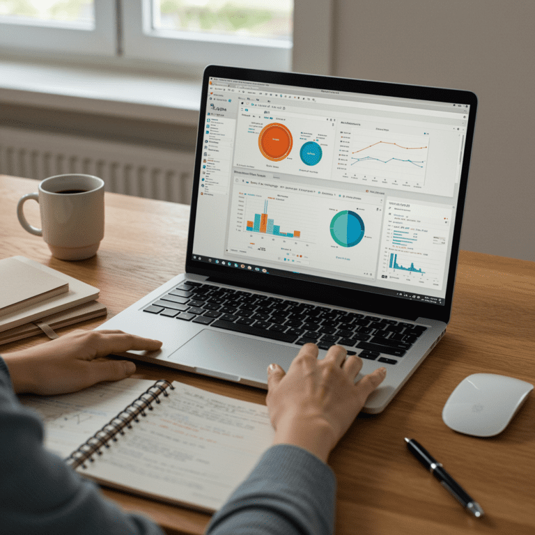 Persona trabajando con Excel en su portátil en un entorno doméstico, analizando datos con gráficos y herramientas avanzadas.