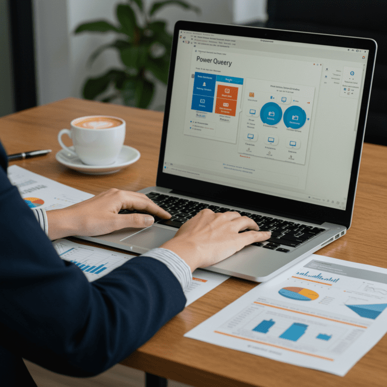 Profesional trabajando con gráficos y paneles de Excel, Power Query, Power Pivot y Power BI en una oficina moderna, reflejando análisis avanzado y visualización de datos.