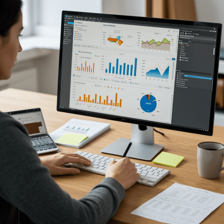 Analista español visualizando dashboards de Power BI y escribiendo fórmulas en un entorno técnico.