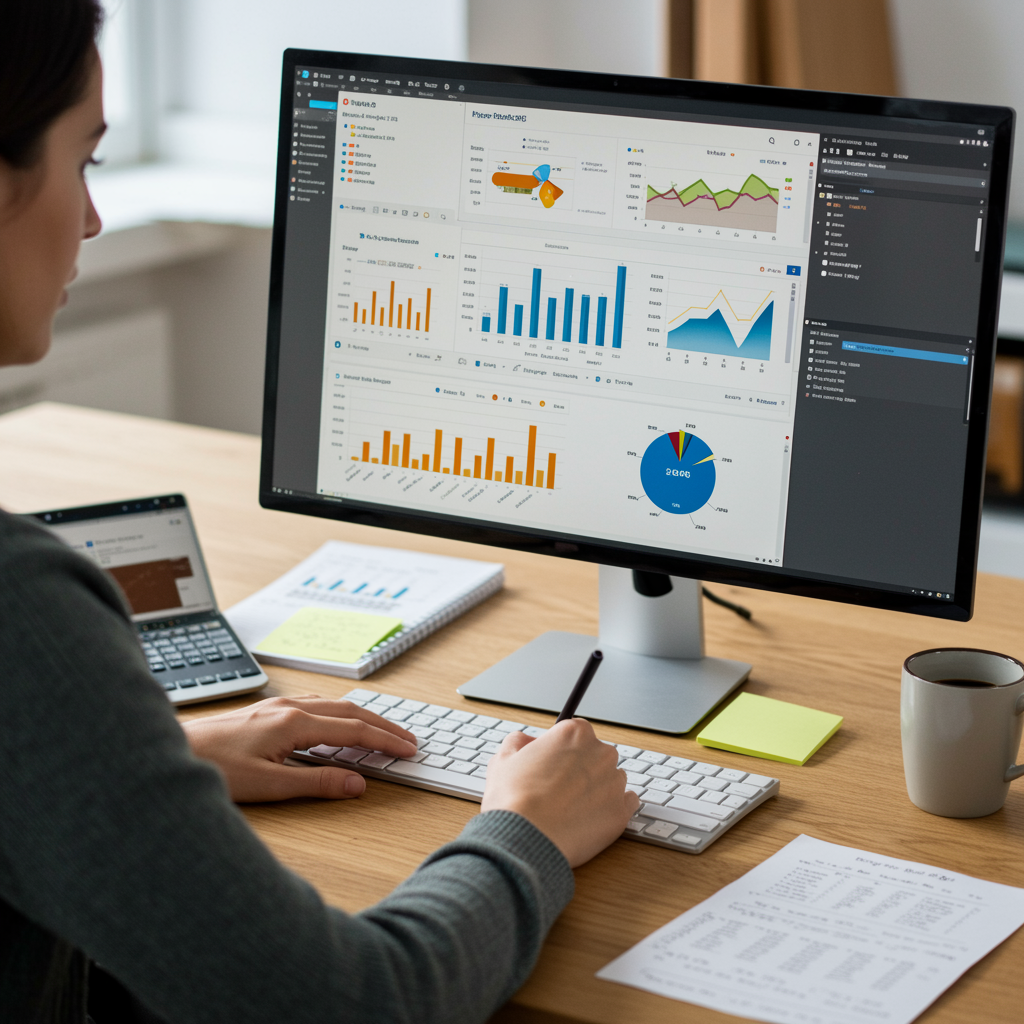 Analista español visualizando dashboards de Power BI y escribiendo fórmulas en un entorno técnico.