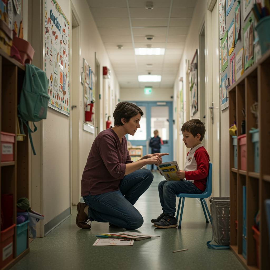 Persona adulta conversando y mostrando un libro a un niño pequeño sentado en una silla en un pasillo escolar, rodeados de materiales y decoraciones educativas.