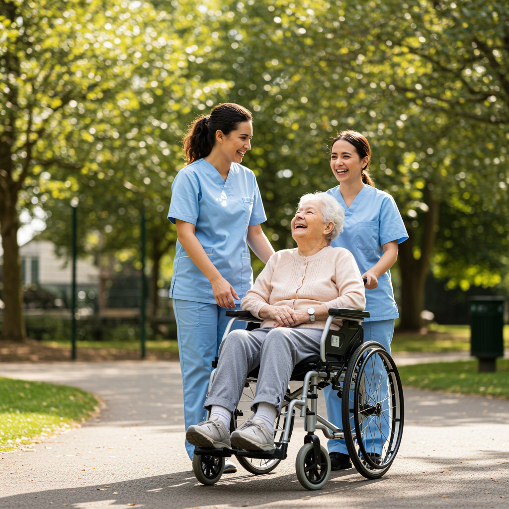 Persona en silla de ruedas acompañada de un cuidador sonriente en un parque accesible, transmitiendo inclusión, apoyo y bienestar.