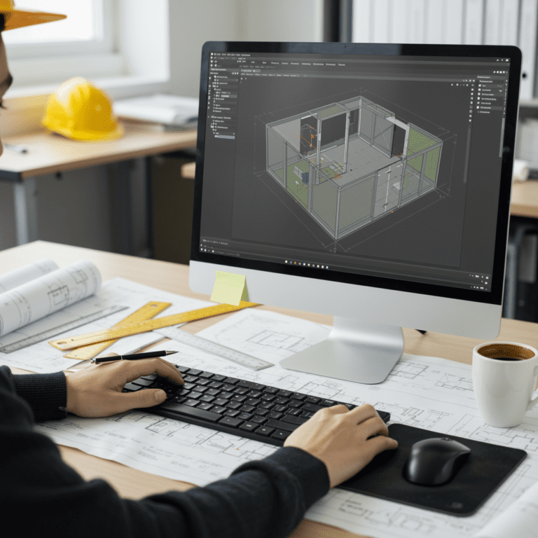 Estudiante de arquitectura trabajando en planos técnicos en AutoCAD desde un escritorio.