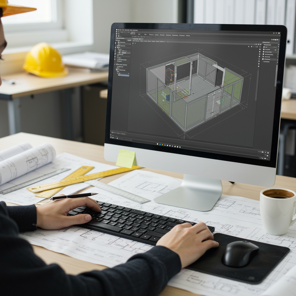 Estudiante de arquitectura trabajando en planos técnicos en AutoCAD desde un escritorio.