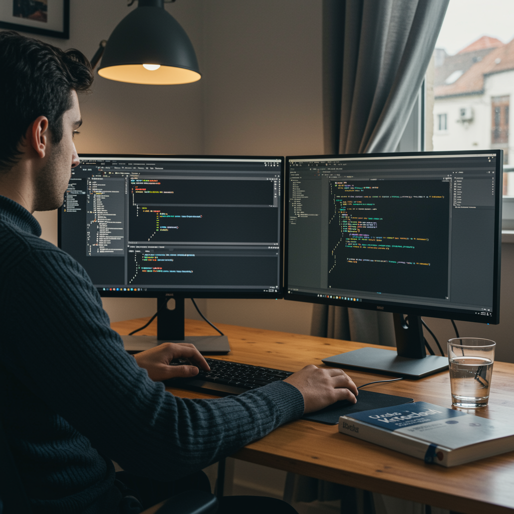 Analista de datos trabajando con SQL y software de bases de datos en un entorno profesional.