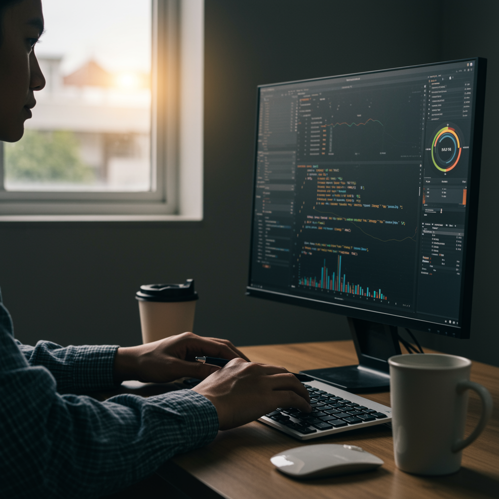 Profesional tecnológico analizando big data e inteligencia artificial en una oficina con pantallas de datos.