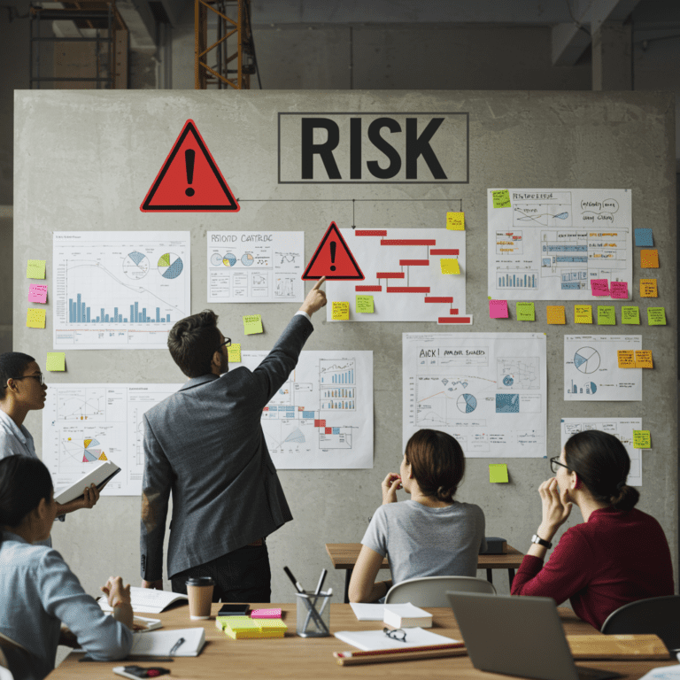 Gestor de proyectos revisando un mural con planes y señales de advertencia, en una oficina técnica real.