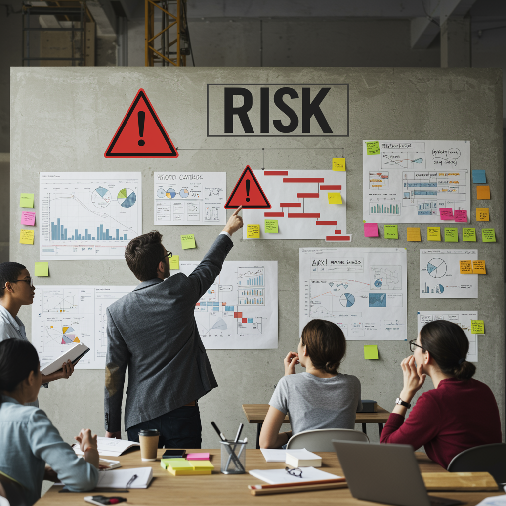 Gestor de proyectos revisando un mural con planes y señales de advertencia, en una oficina técnica real.