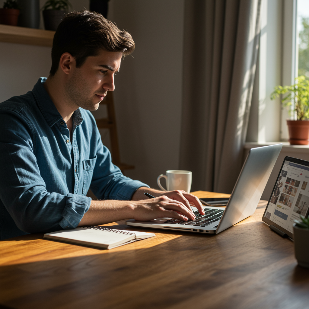 Joven emprendedor español creando su tienda online con PrestaShop desde casa.