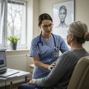 Enfermera ofreciendo apoyo a paciente en clínica de salud mental