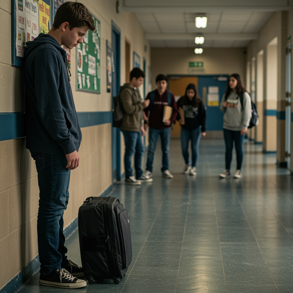 Adolescente solo y triste en un pasillo escolar mientras un grupo de compañeros lo observa a distancia, reflejando una situación de acoso escolar.