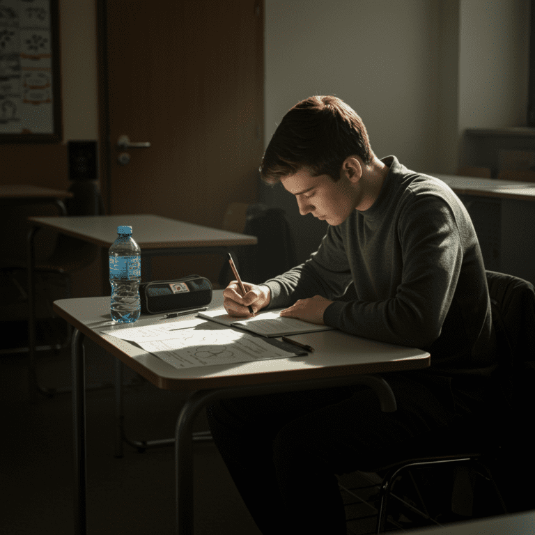 Adolescente sentado solo en un pupitre de aula iluminada, escribiendo en hojas de ejercicios con lápiz, botella de agua y estuche sobre la mesa, ambiente tranquilo y escolar.