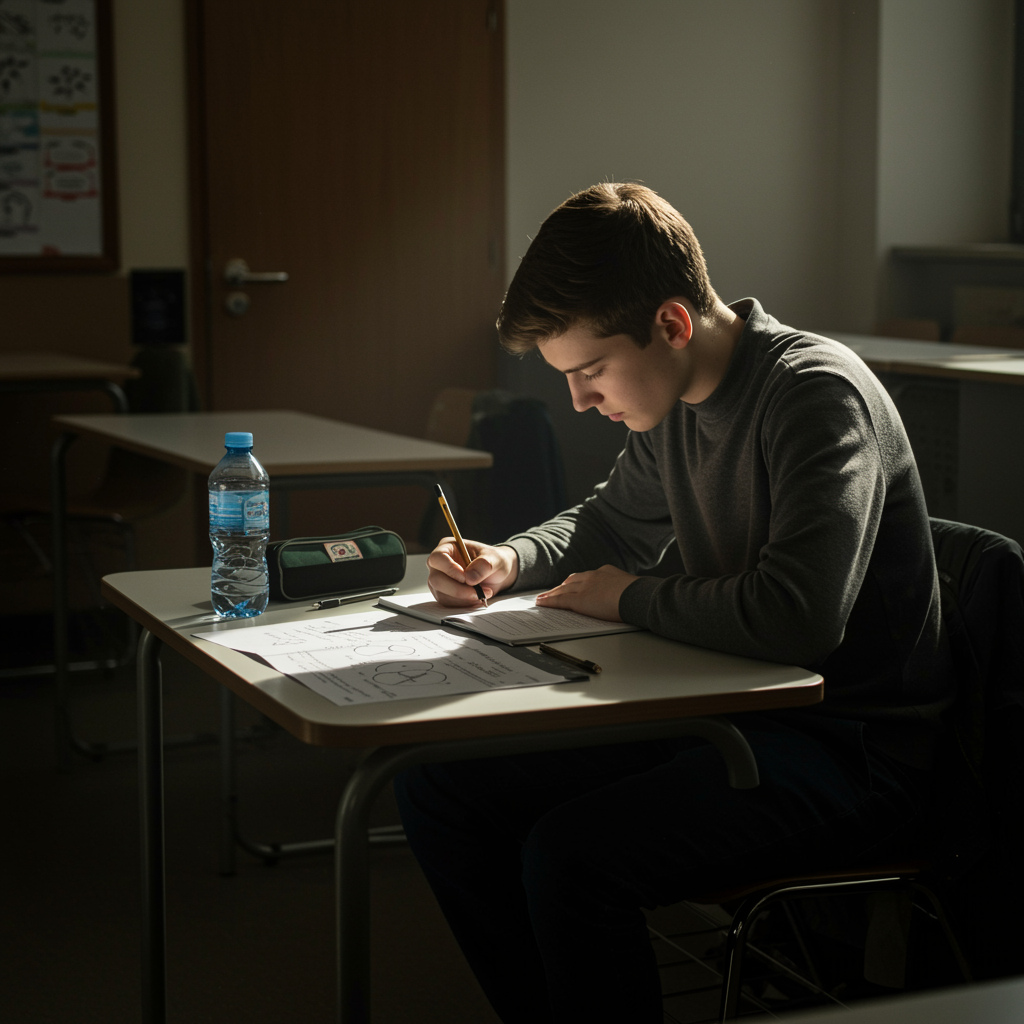 Adolescente sentado solo en un pupitre de aula iluminada, escribiendo en hojas de ejercicios con lápiz, botella de agua y estuche sobre la mesa, ambiente tranquilo y escolar.