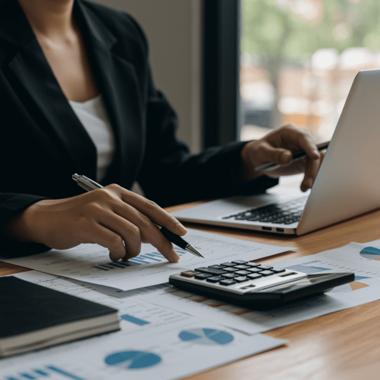 Contable revisando hojas de cálculo y documentos financieros en su escritorio con ordenador y calculadora.