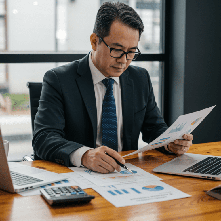 Directivo financiero revisando gráficos y balances en una sala de juntas moderna, con documentos y laptop sobre la mesa, reflejando liderazgo y toma de decisiones estratégicas en finanzas.