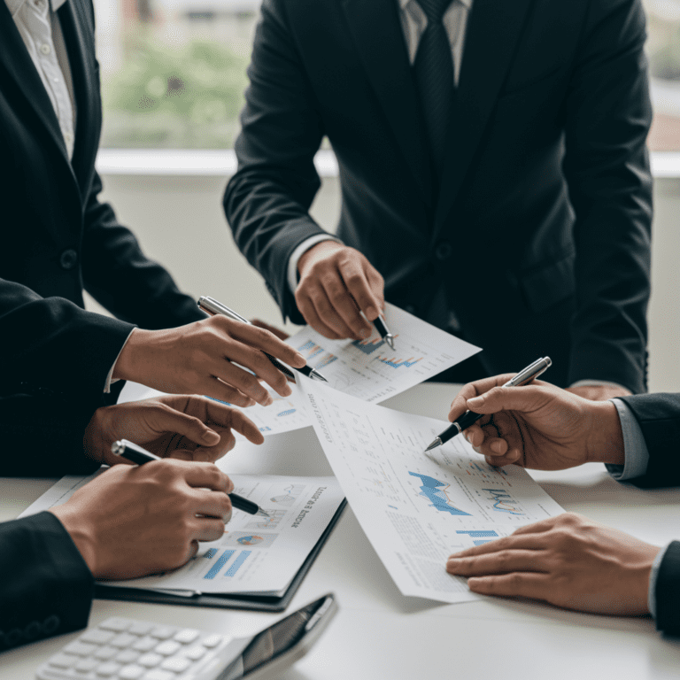 Equipo financiero analizando documentos de inversión y planificación empresarial en una oficina.