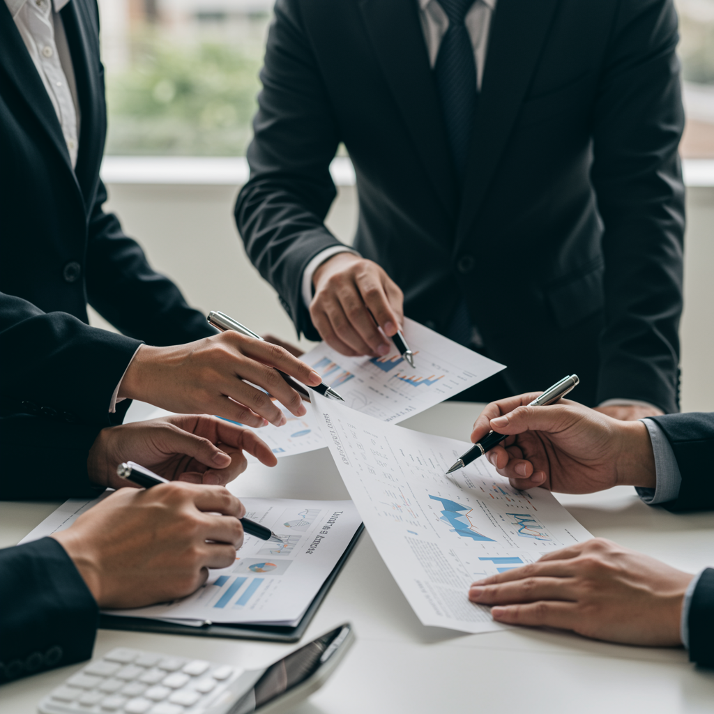 Equipo financiero analizando documentos de inversión y planificación empresarial en una oficina.