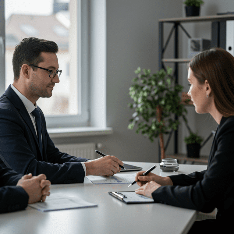 Asesor financiero con clientes para gestionar patrimonio e inversiones en una oficina.