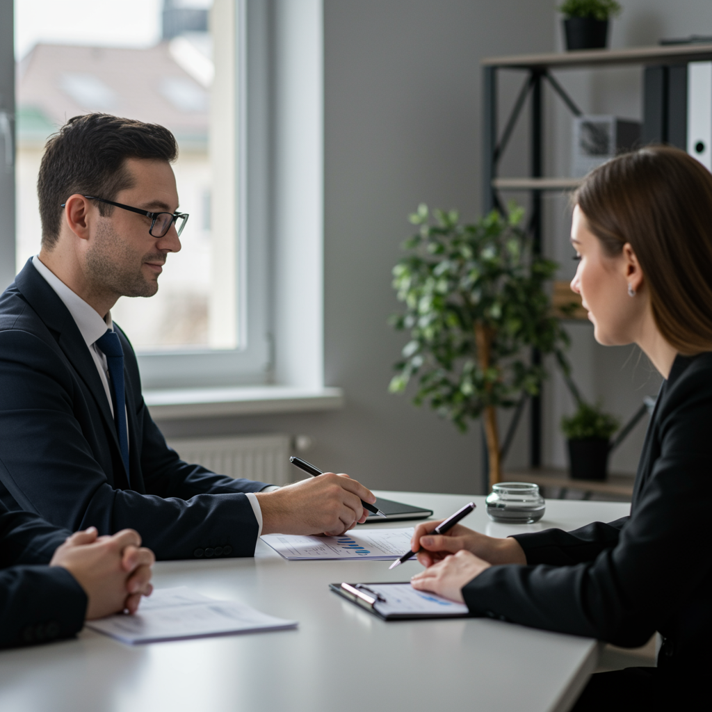 Asesor financiero con clientes para gestionar patrimonio e inversiones en una oficina.