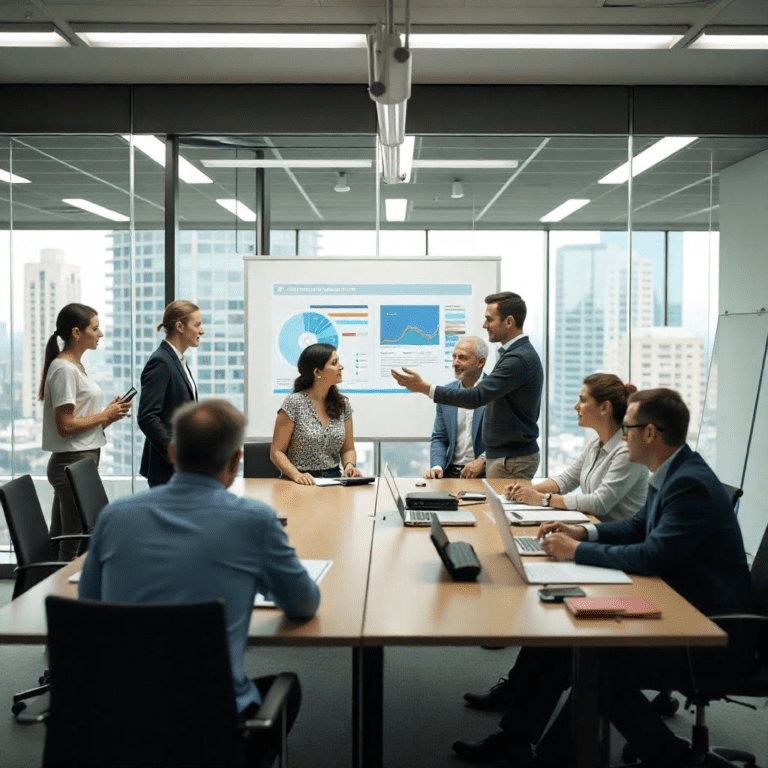 Equipo de trabajo gestionando un proyecto con diagramas y gráficos en una sala de reuniones moderna.