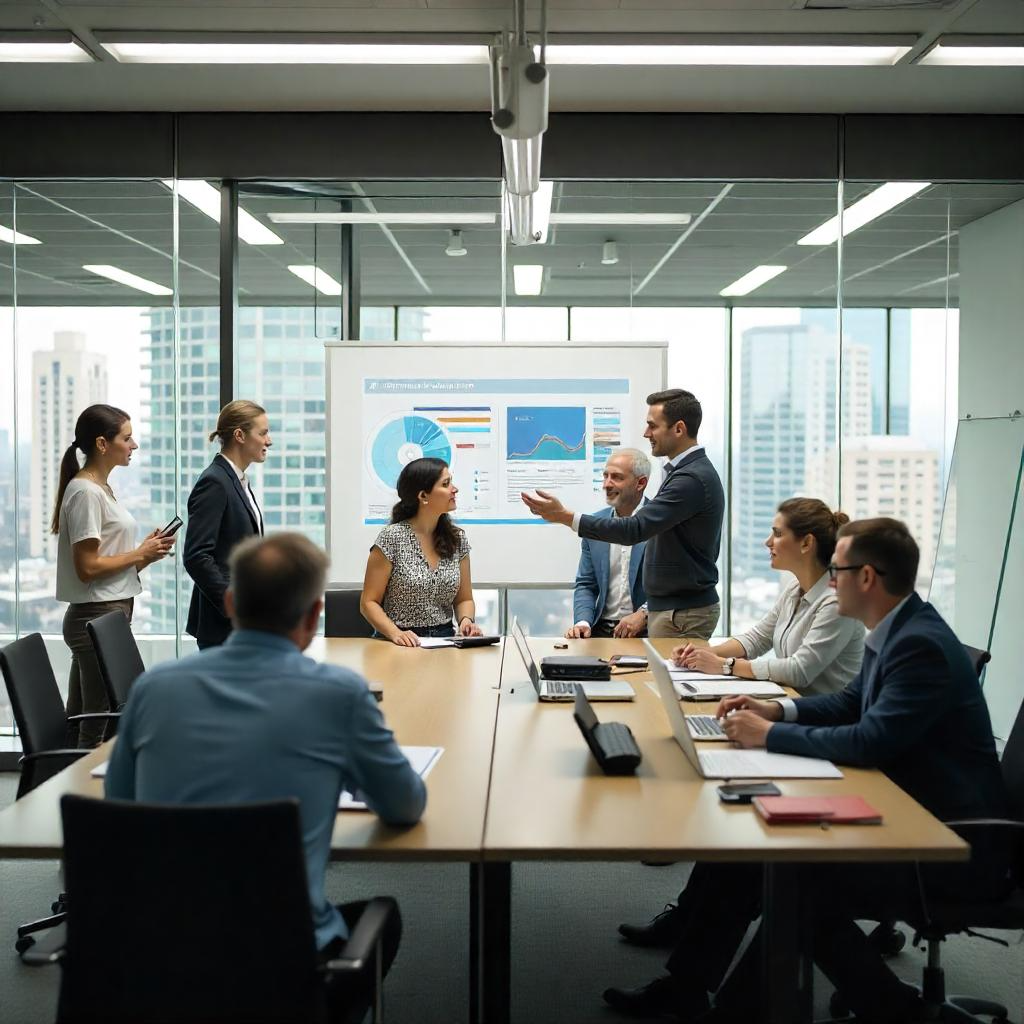 Equipo de trabajo gestionando un proyecto con diagramas y gráficos en una sala de reuniones moderna.