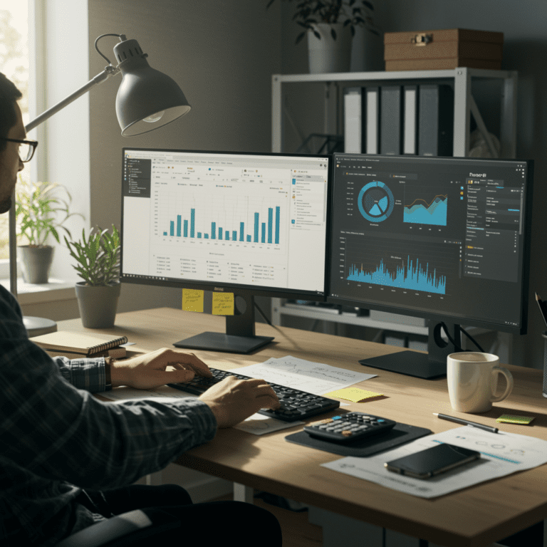 Analista de datos trabajando con pantallas que muestran gráficos y tablas en Excel y Power BI, en una oficina moderna con luz natural.