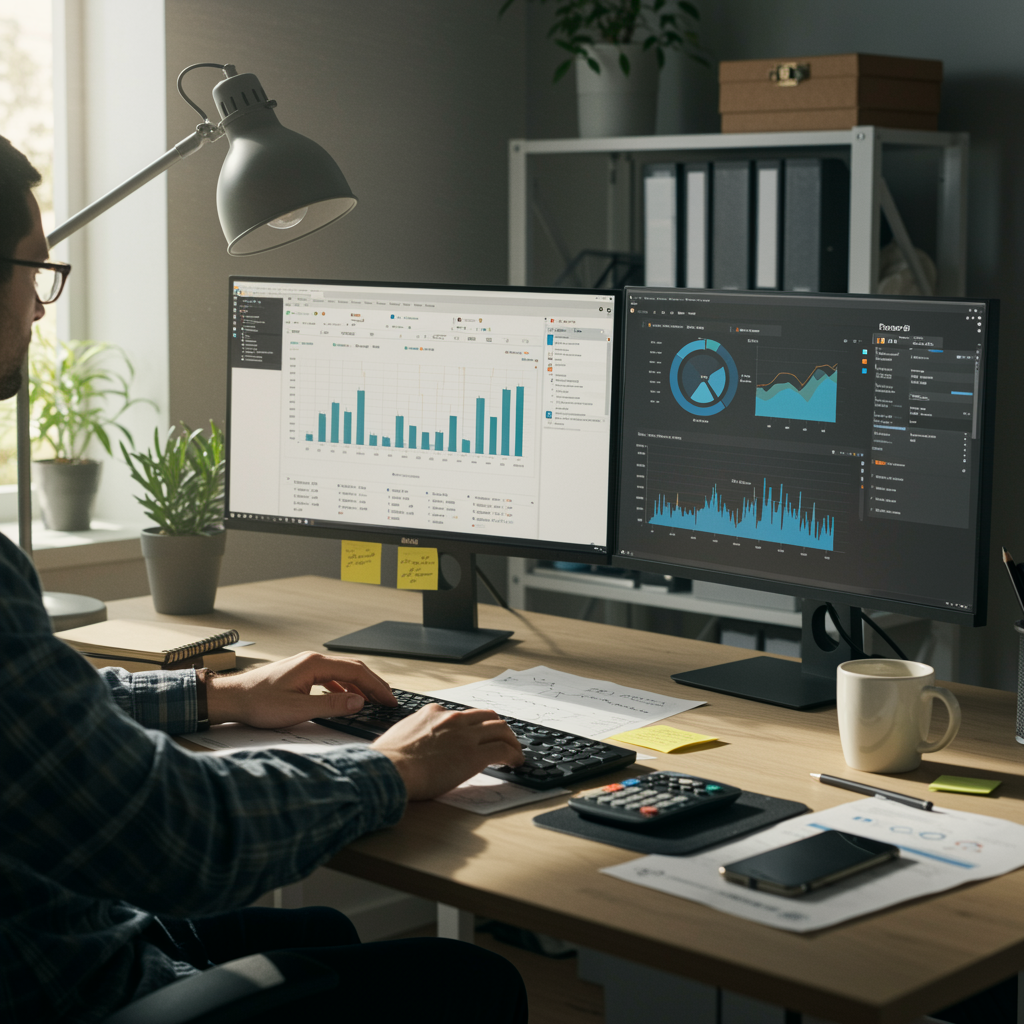 Analista de datos trabajando con pantallas que muestran gráficos y tablas en Excel y Power BI, en una oficina moderna con luz natural.