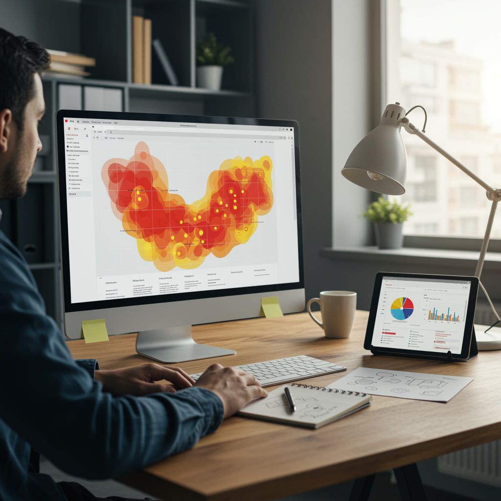 Profesional revisando un mapa de calor web en una pantalla, con entorno de ecommerce visible y herramientas de análisis alrededor.
