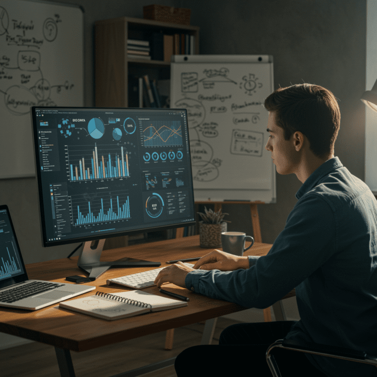 Profesional revisando visualizaciones de datos y modelos predictivos en un entorno de oficina tecnológica, con materiales de trabajo analógico sobre la mesa.