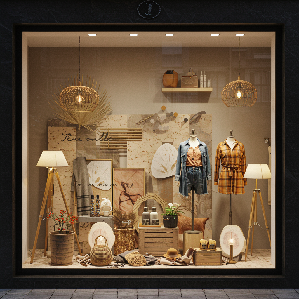 Vista de un escaparate completamente decorado con elementos temáticos, reflejando una escena comercial cuidada y atractiva desde el exterior.