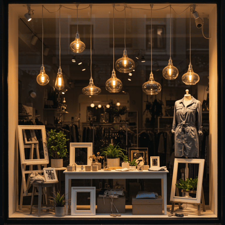 Escaparate decorado de una tienda con elementos visuales coordinados y productos bien dispuestos, iluminado con luz natural desde el exterior.