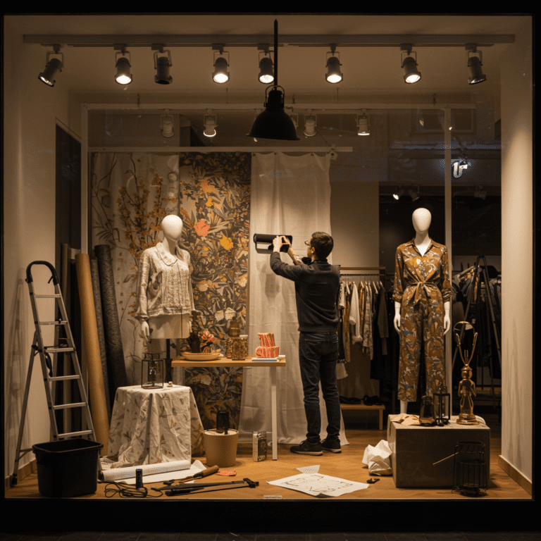 Profesional organizando un escaparate con maniquíes, decoraciones y herramientas, en un entorno realista de tienda en preparación.