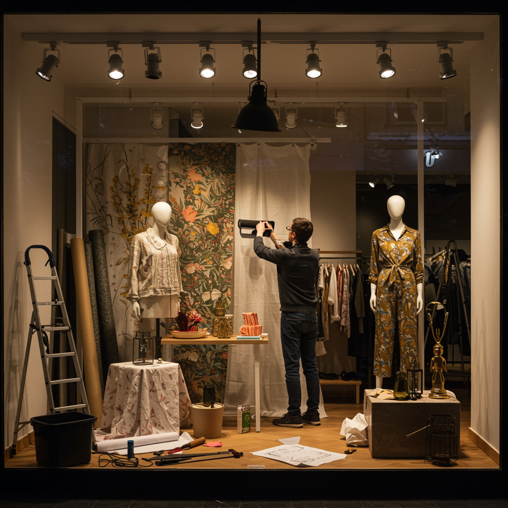 Profesional organizando un escaparate con maniquíes, decoraciones y herramientas, en un entorno realista de tienda en preparación.