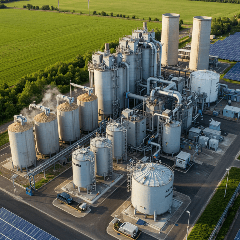Planta de biomasa con tanques de biocombustible y entorno verde, energía renovable sostenible.