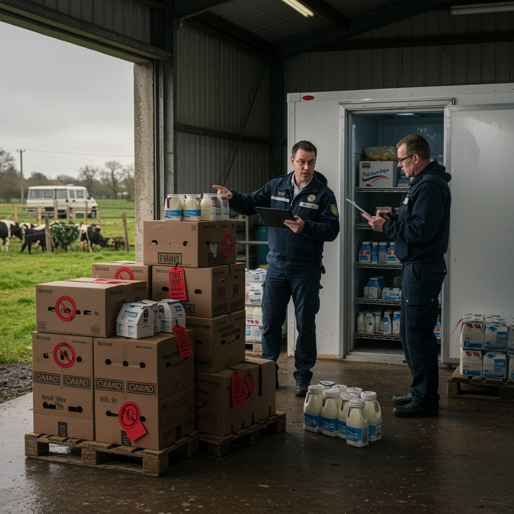 Inspector señalando un lote de productos marcados con etiquetas de alerta en una granja, mientras documenta la situación con una tablet.