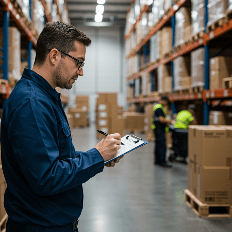 Responsable de logística supervisando operaciones en un almacén, con dispositivos de gestión en mano.