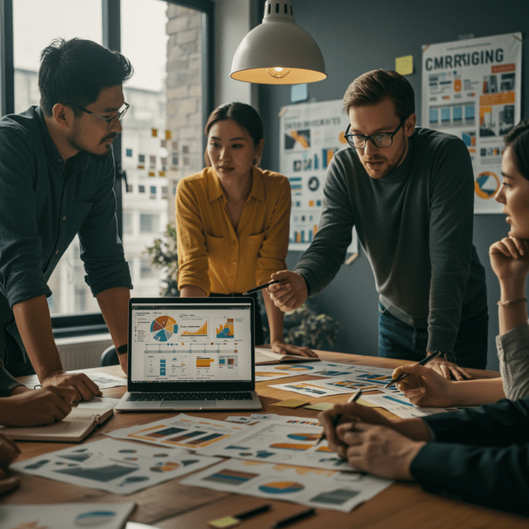 Reunión de equipo en una oficina donde se analizan campañas y estrategias de comunicación visualmente representadas sobre papel y pantalla.