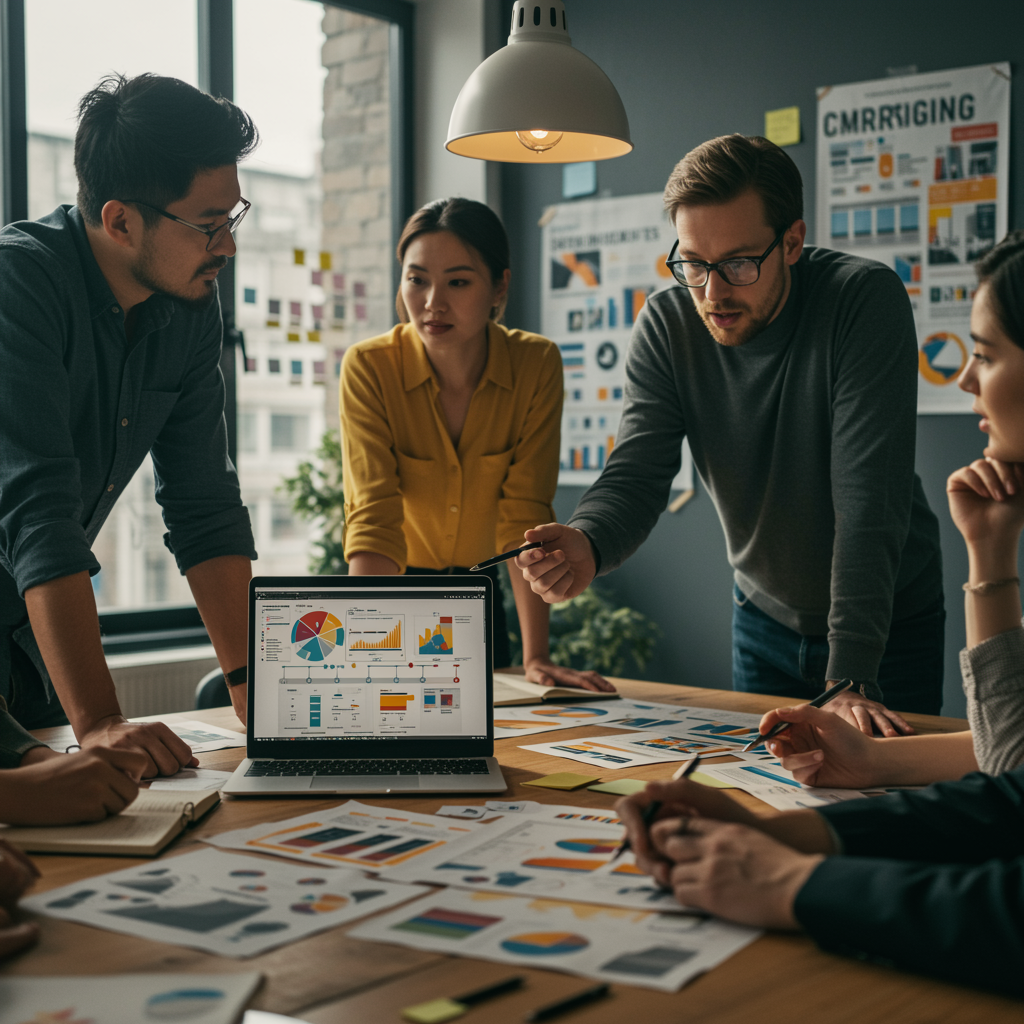 Reunión de equipo en una oficina donde se analizan campañas y estrategias de comunicación visualmente representadas sobre papel y pantalla.