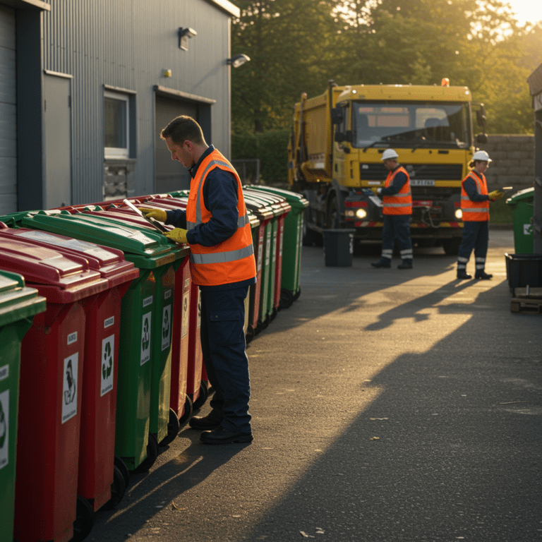 Trabajador en un centro moderno de gestión de residuos inspeccionando contenedores clasificados mientras un camión compactador opera al fondo.