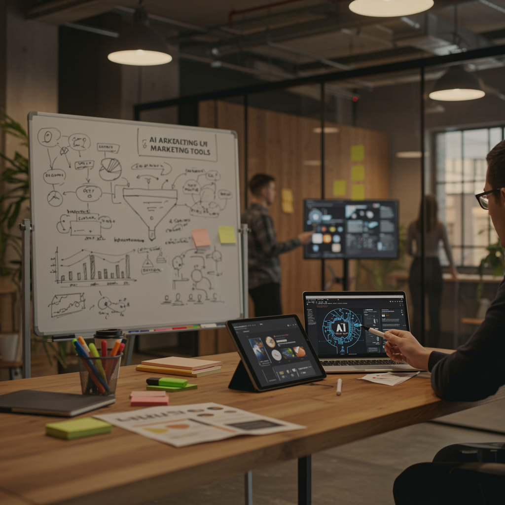 Persona joven en un espacio de coworking visualizando herramientas de IA en marketing desde una tablet, con notas y ordenador portátil en la mesa.