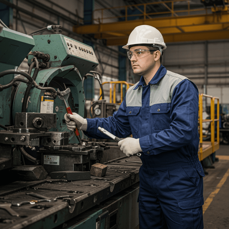 Técnico industrial realizando tareas de mantenimiento en maquinaria pesada dentro de una fábrica.