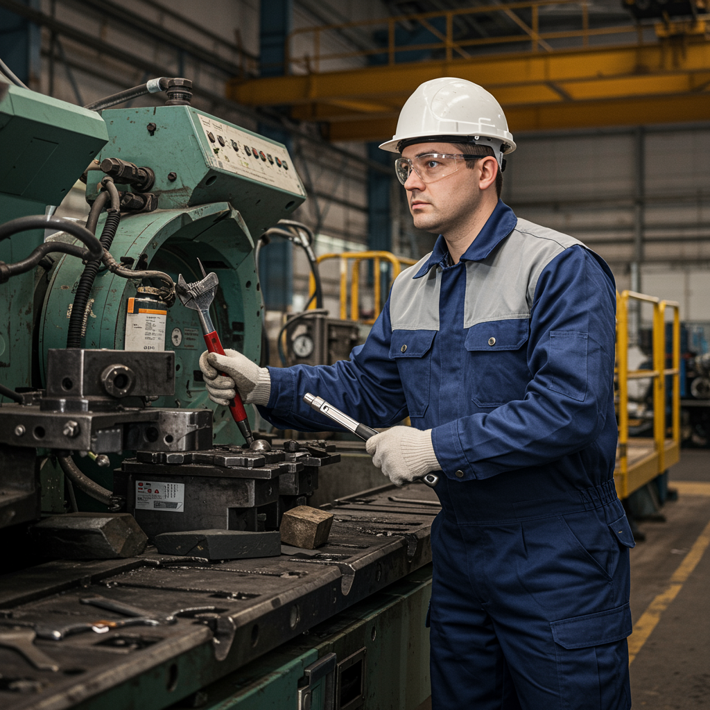 Técnico industrial realizando tareas de mantenimiento en maquinaria pesada dentro de una fábrica.