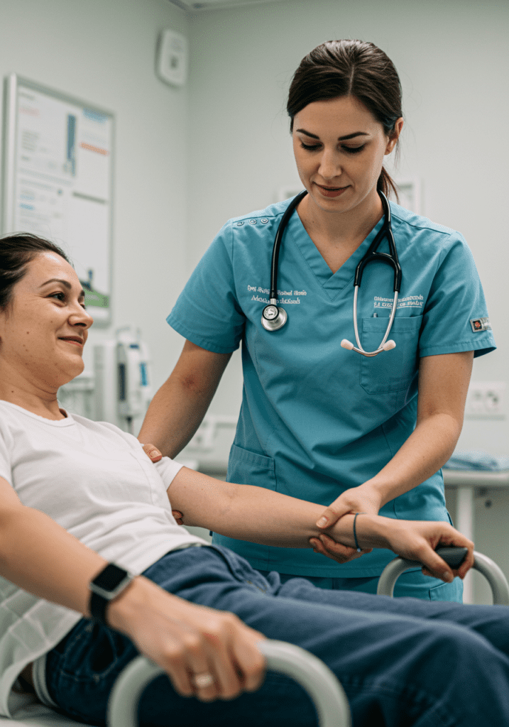 Auxiliar de enfermería ayudando a un paciente a movilizarse en un entorno clínico.